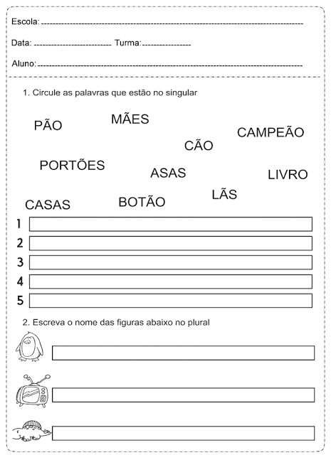 Atividades de Português para o 1° ano - SINGULAR