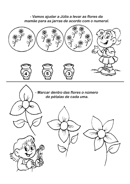 Atividade para o Dia das Mães com numerais  – Vamos ajudar a Júlia a levar as flores da mamãe para as jarras de acordo com o numeral. -Marcar dentro das flores o número de pétalas de cada uma.