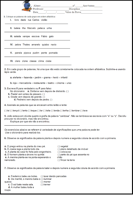 Dicionáro - Ordem Alfabética - Atividades para imprimir e para download