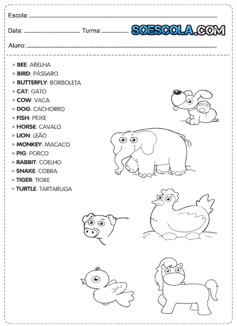 Atividades com animais em Inglês