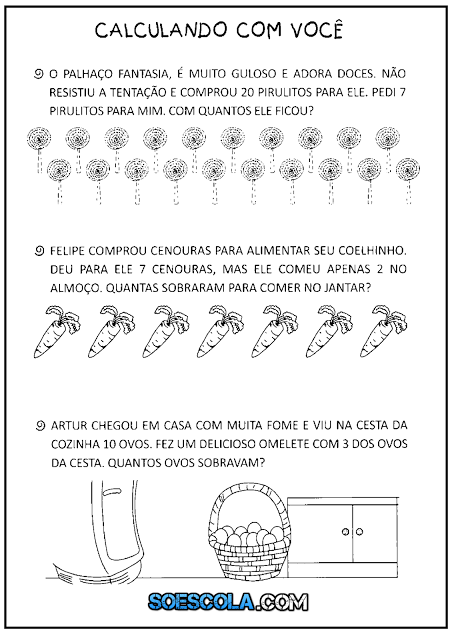 Baixe diversos Probleminhas simples de Matemática para Educação Infantil com alta qualidade e economia de tinta/papel. Já está formatado! Esqueça o copia/cola e ganhe tempo.