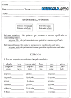 Atividades de português para o 4° ano sobre verbos, antônimos e sinonimos