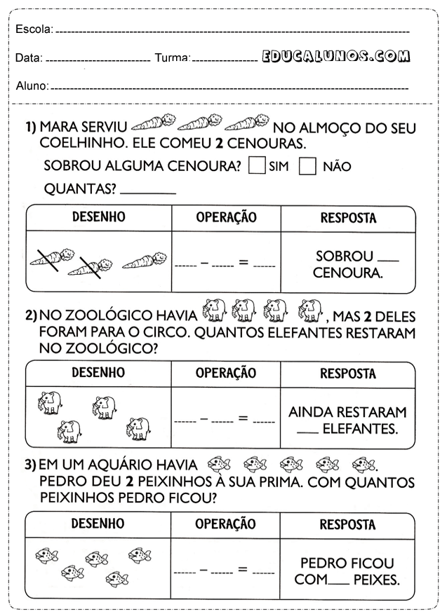 Adição e subtração  Atividades de subtração, Adição e subtração,  Atividades de alfabetização matemática