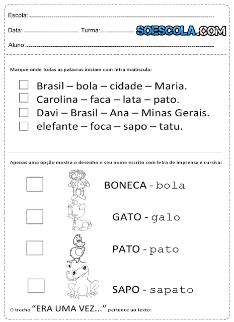 Atividades de Português 1° ano para imprimir