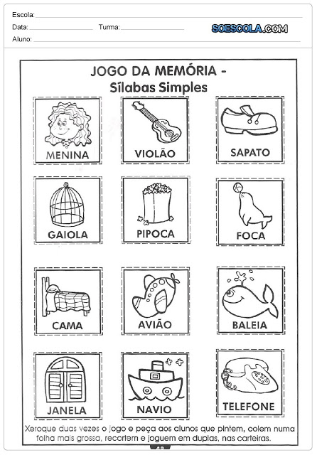 Trabalhando com Alfabeto: Jogo da Memória - Sílabas Simples para imprimir