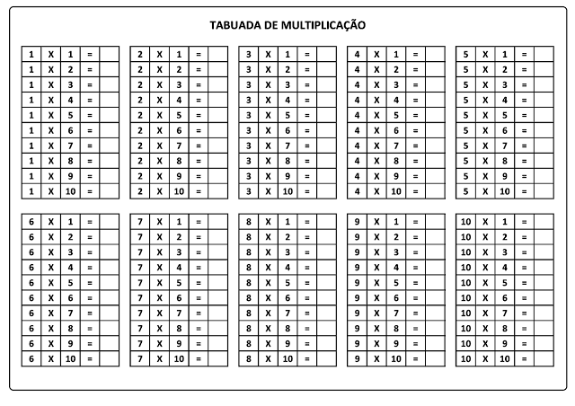 Tabuada de Multiplicação do 1 ao 10 para imprimir e completar