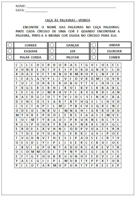 Atividades para Alfabetização - Caça-palavras verbos