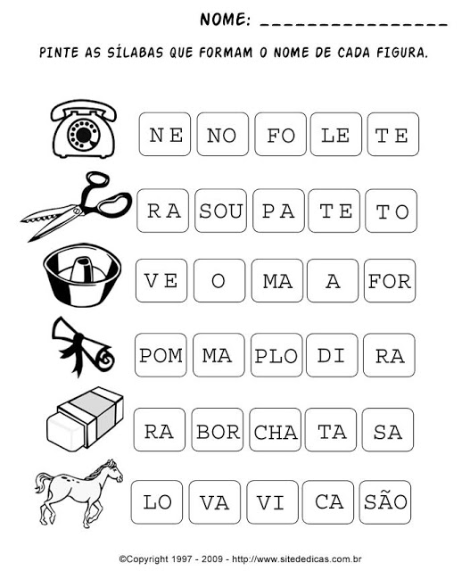 Atividades primeiro ano - Atividades para Alfabetização - Pinte as sílabas que formam a palavra