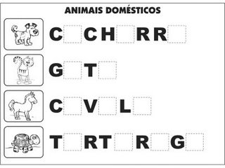 Jogos e atividades para alfabetização - Complete as palavras - Animais Domésticos