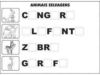 Jogos e atividades para alfabetização - Complete as palavras - Animais Selvagens