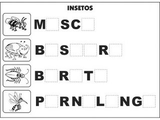 Jogos e atividades para alfabetização - Complete as palavras - Insetos