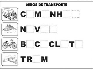 Jogos e atividades para alfabetização - Complete as palavras - Meios de Transporte