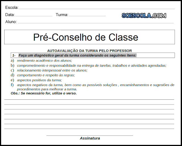 Modelo de Ficha para Pré-Conselho de Classe