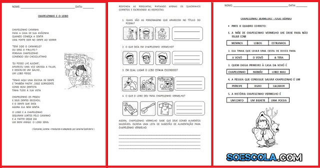 Segue algumas atividades prontas para imprimir do conto Chapeuzinho Vermelho para trabalhar Alfabetização Infantil.