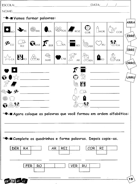 Atividade em que a criança vai substituir os símbolos por sílabas, introduzindo o estudo da separação silábica.