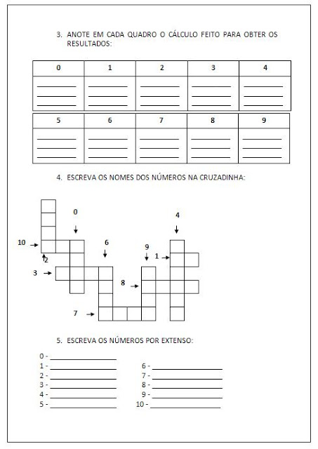 Confira Atividades Educativas de Matemática prontas para imprimir para trabalhar numerais de 0 a 10.