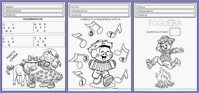 Atividades educativas para trabalhar festa junina com alunos das séries inicias, com vários desenhos ilustrativos prontos para colorir.