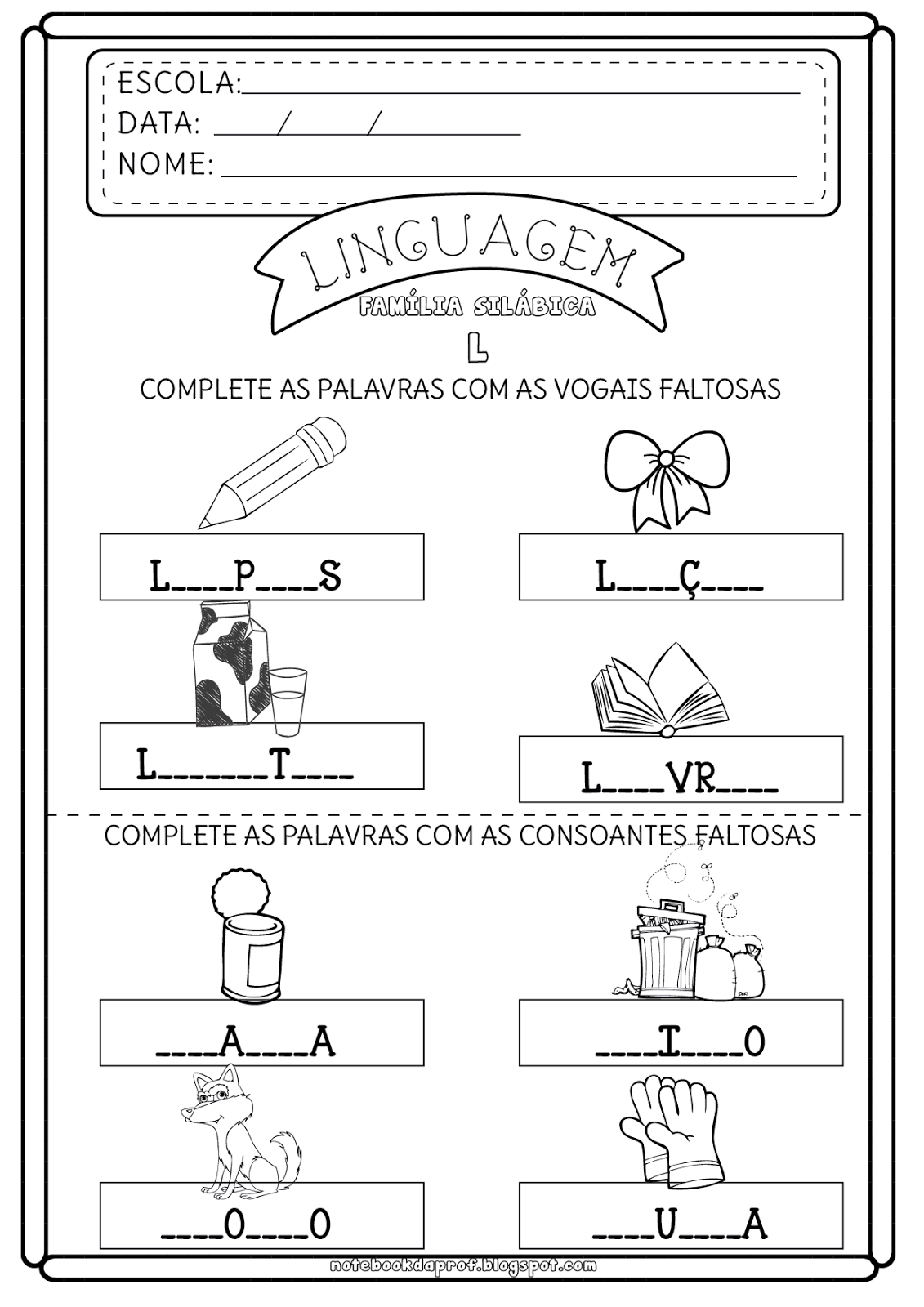 Atividade de completar as palavras com a letra O.