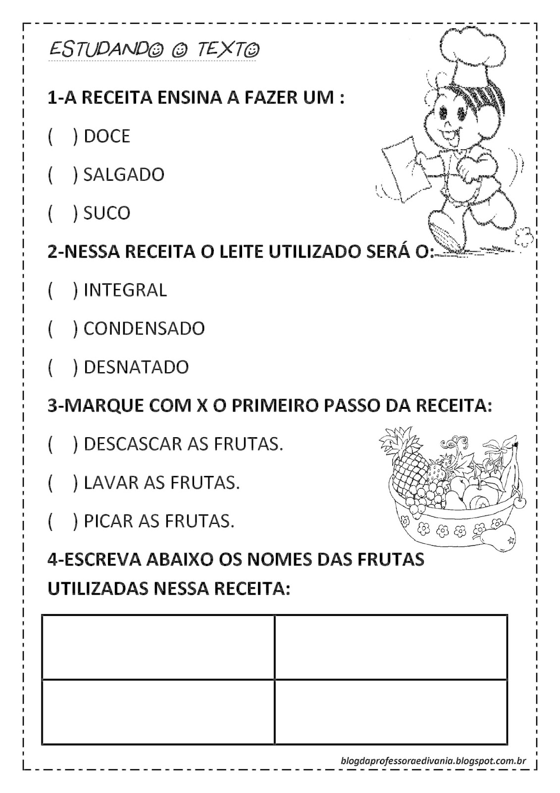 Atividades Educativas de Português com Gênero Textual Salada de Fruta pronta para imprimir.