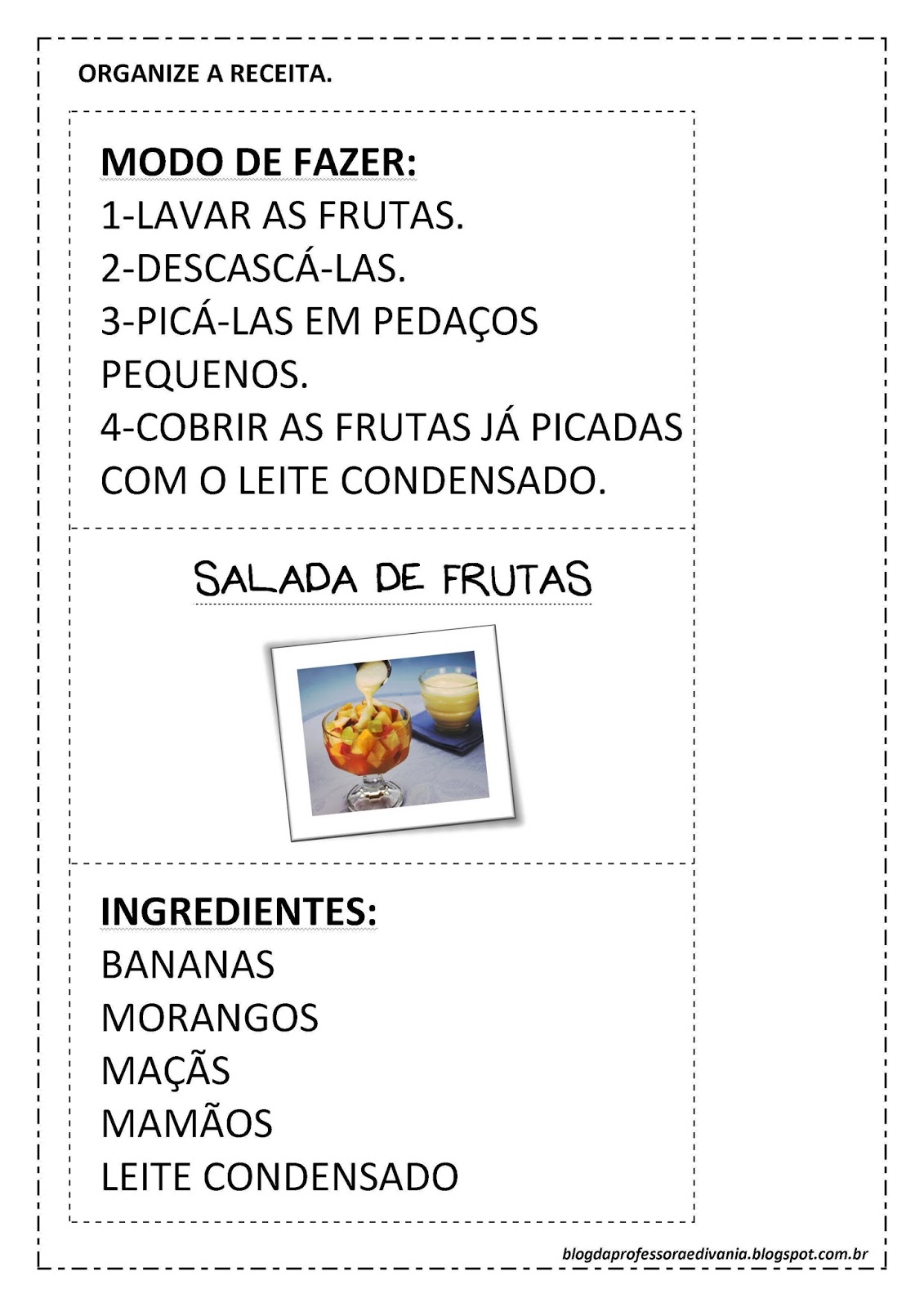 Atividades Educativas de Português com Gênero Textual Salada de Fruta pronta para imprimir.