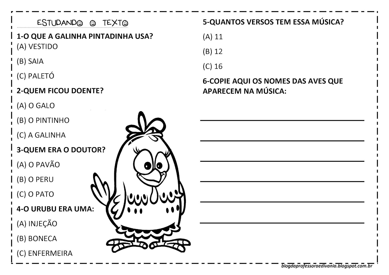 Atividades de Interpretação de Texto da Galinha Pintadinha