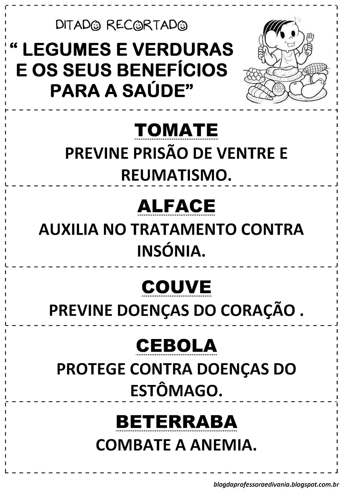 Ditado Recortado sobre Alimentação Saudável - Para Imprimir e Colorir