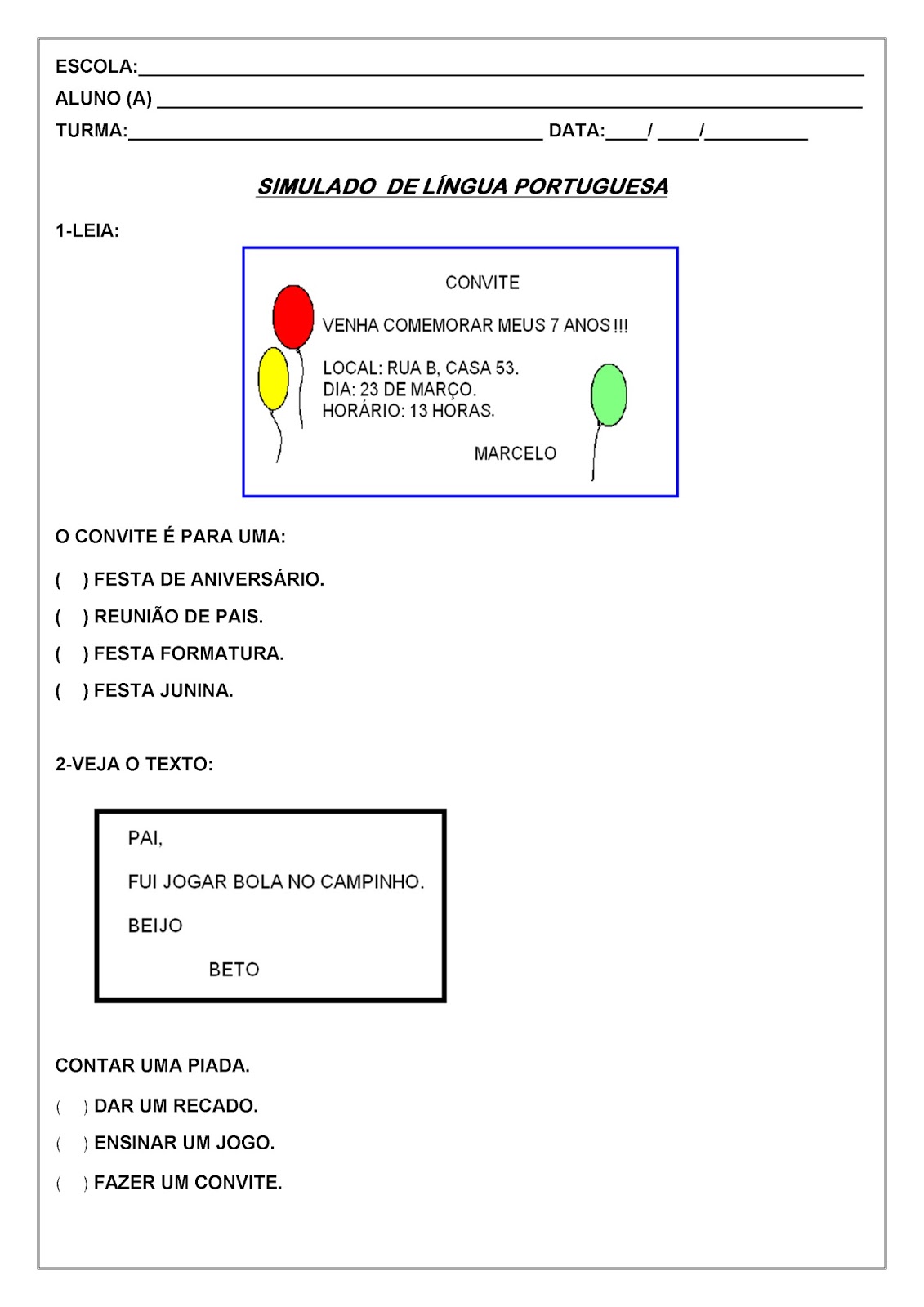 Simulado de Língua Portuguesa para 1º e 2º ano do Ensino Fundamental