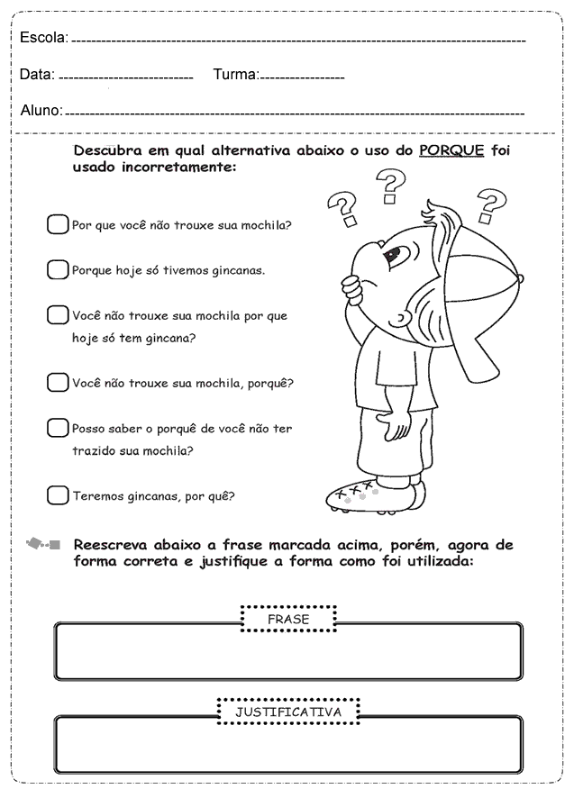 Atividade de Português sobre uso do porque.