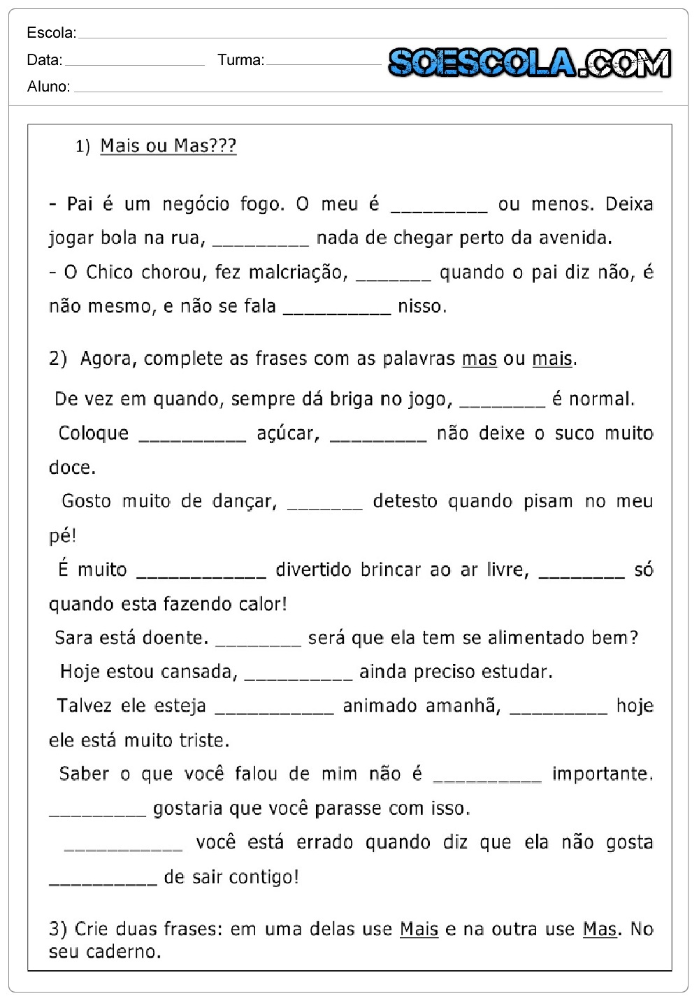 Atividades de Português sobre o uso do Mas ou Mais