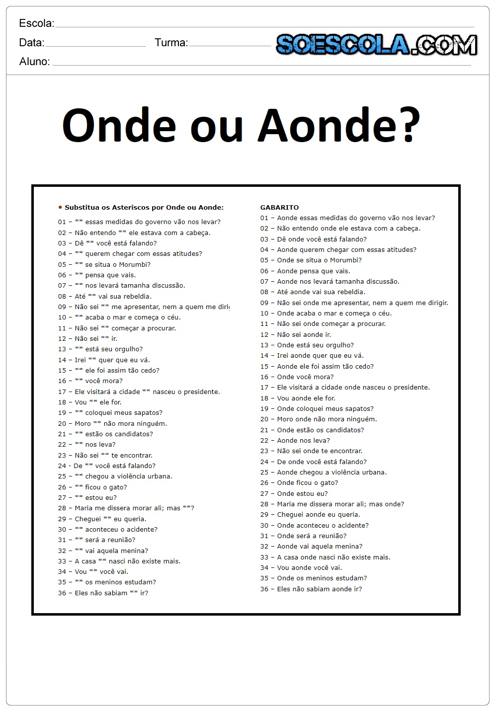 Atividades de Português sobre o uso do ONDE ou AONDE.