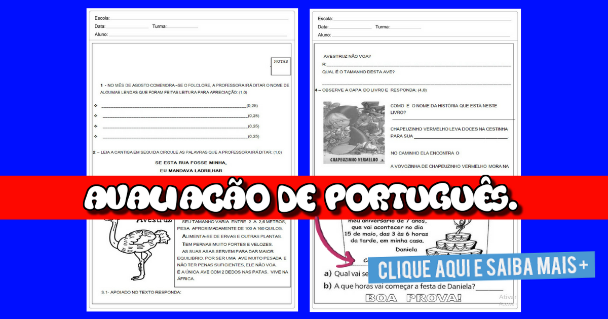 Avaliação de Bimestral de Português para 2º ano.