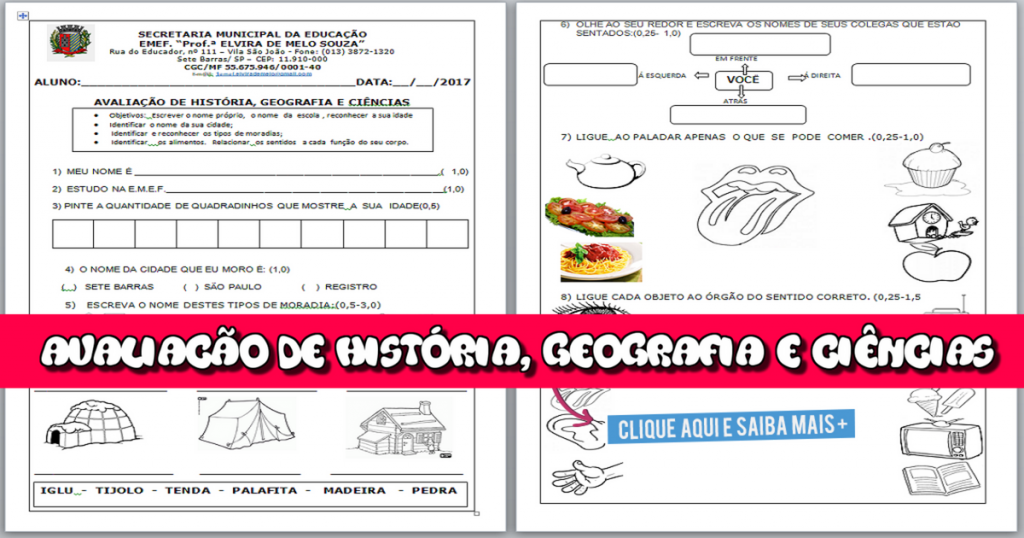 Avaliação de História, Geografia e Ciências - 1º Ano para imprimir.