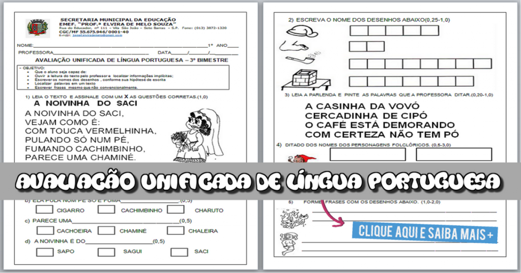 Avaliação unificada de Língua Portuguesa para 3 bimestre - 1º ano