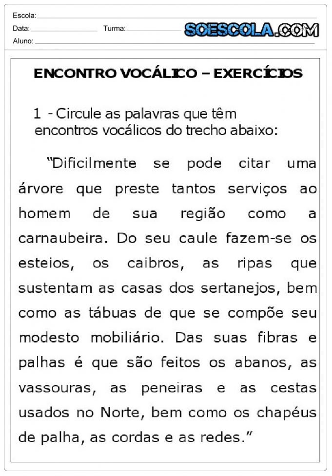 Atividades sobre Encontro Vocálicos para imprimir. - SÓ ESCOLA