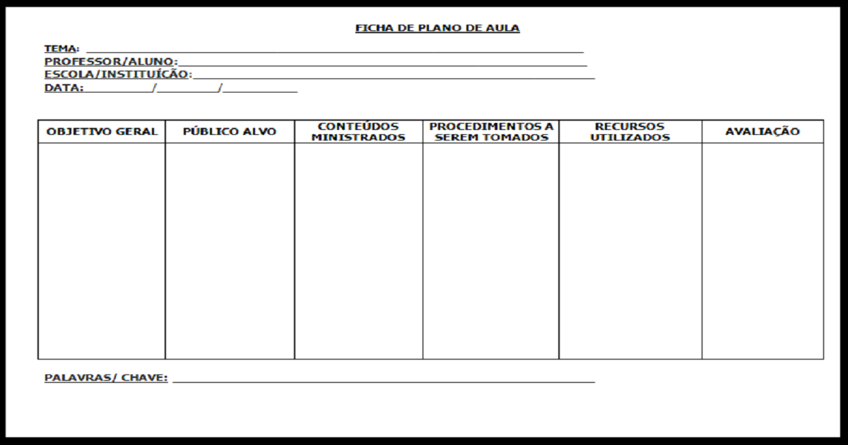 Modelo de ficha para plano de aula para imprimir.