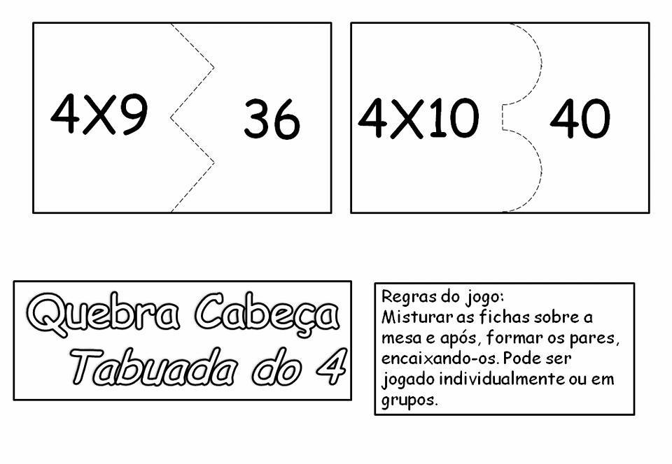 Quebra-cabeça da multiplicação para imprimir: Tabuada do 4