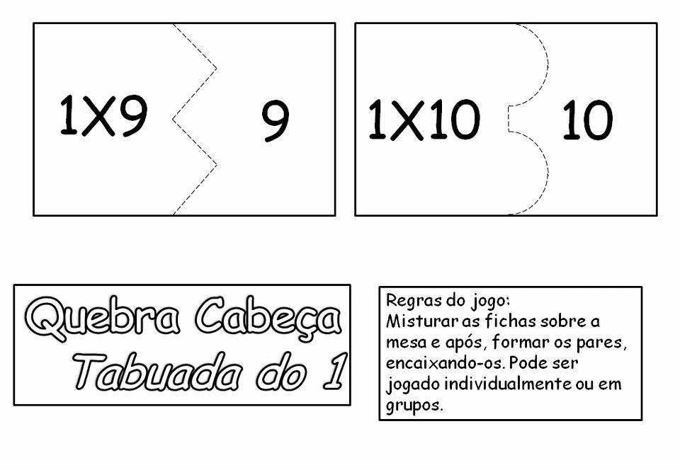 Quebra-cabeça da multiplicação para imprimir: Tabuada do 1