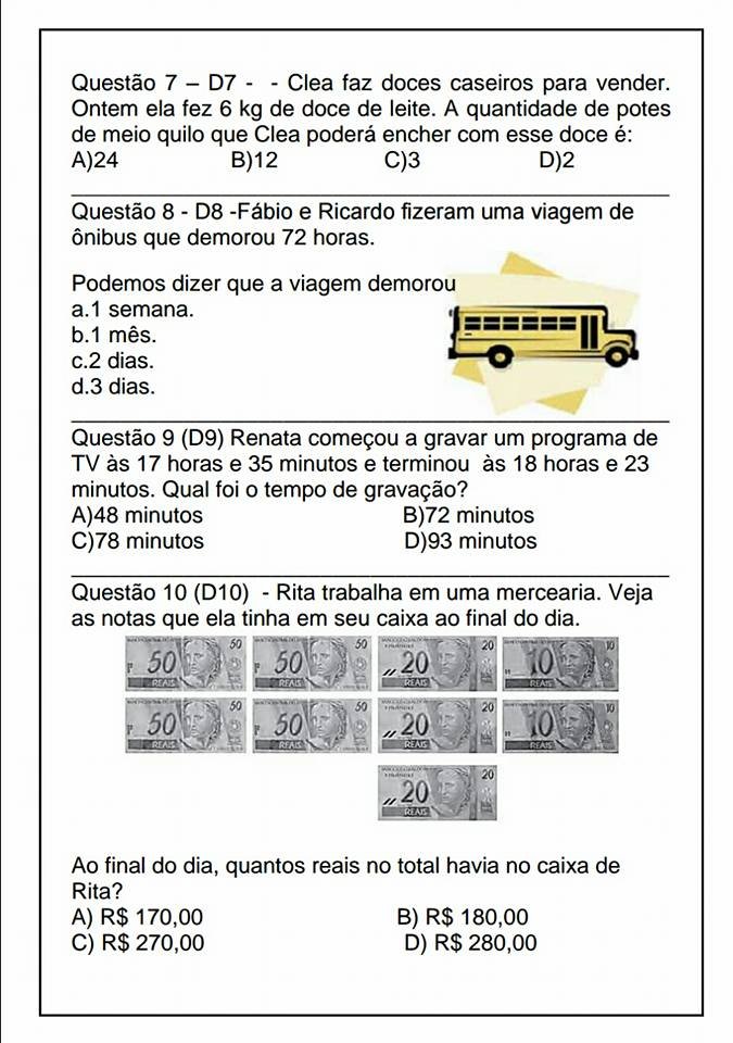 Simulado de Matemática para o 3° ano do Ensino Fundamental I