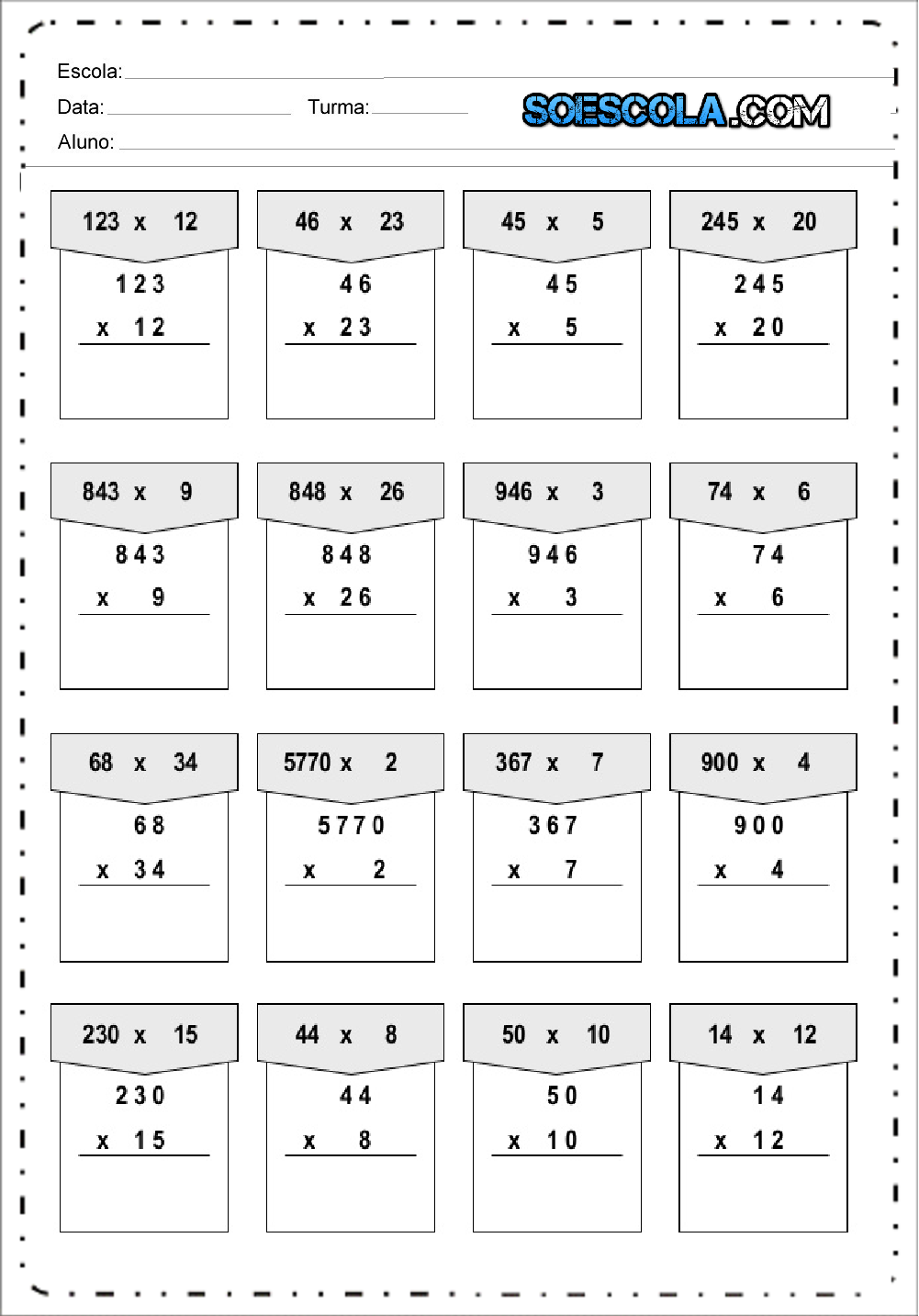Atividades de Matemática Multiplicação para imprimir e baixar.