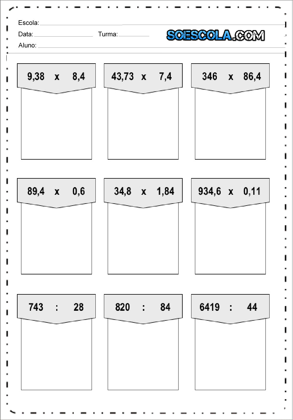 Atividades de Matemática Multiplicação para imprimir e baixar.