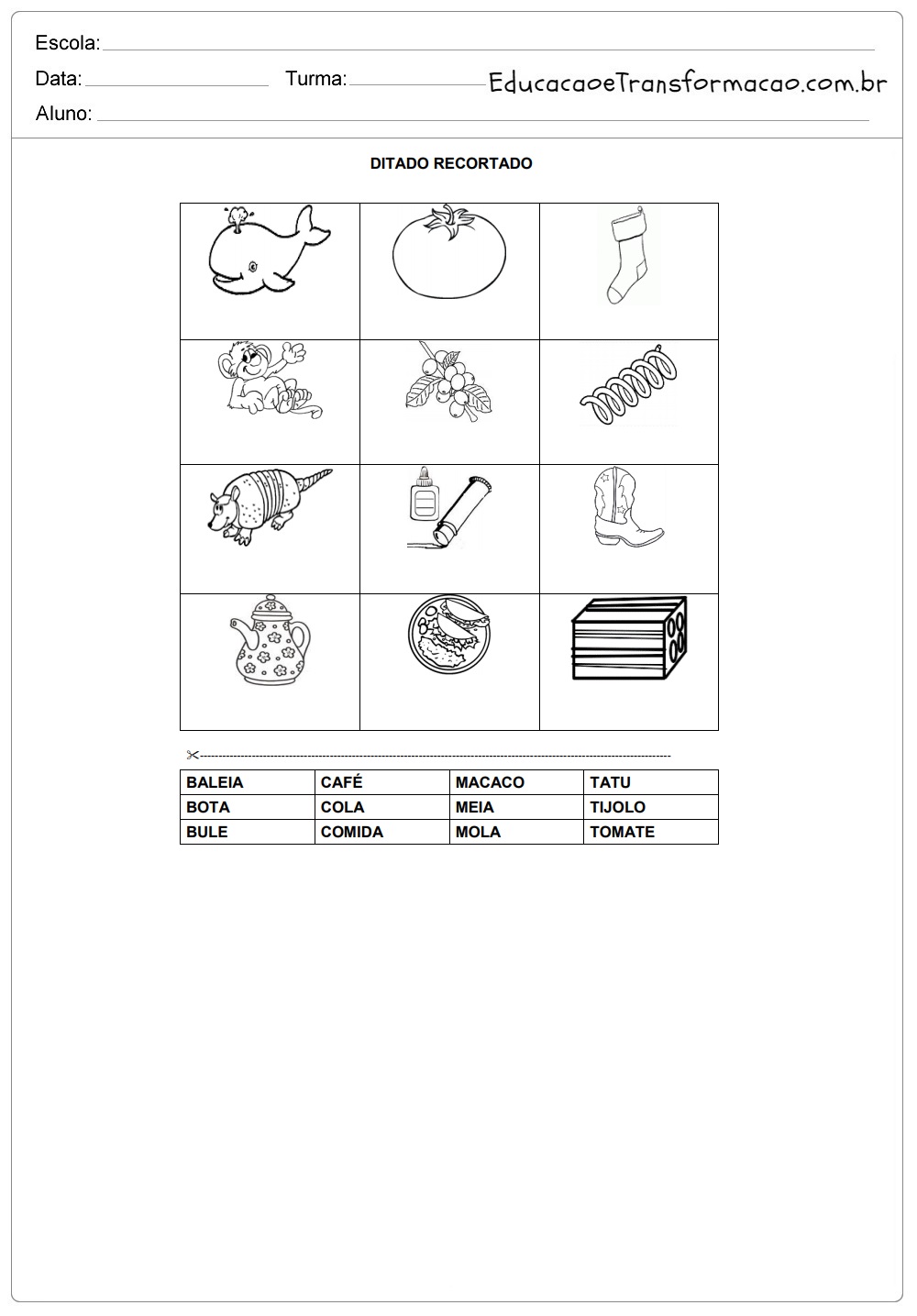 Atividades educativas ditado recortado Silábico Alfabético em PDF para imprimir.