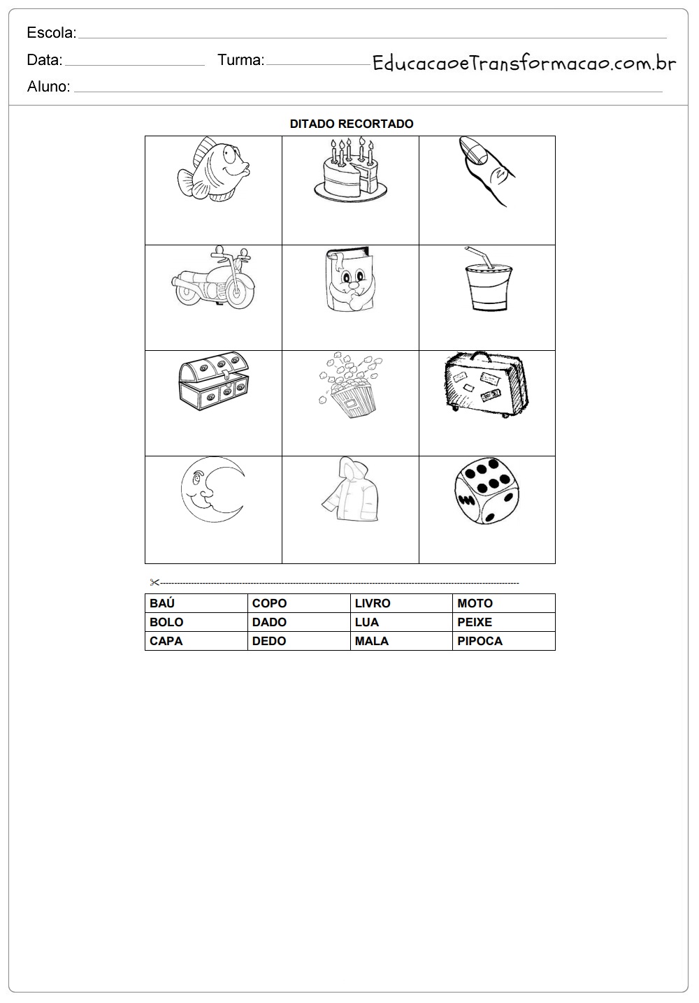 Atividades educativas ditado recortado Silábico Alfabético em PDF para imprimir.