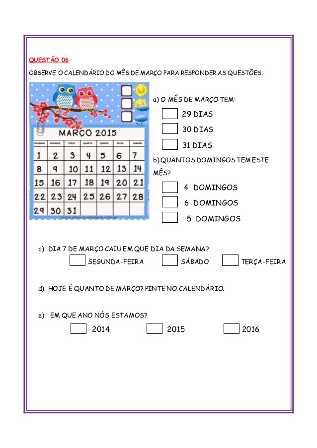 Avaliação de matemática 2 ano para imprimir e baixar em PDF.