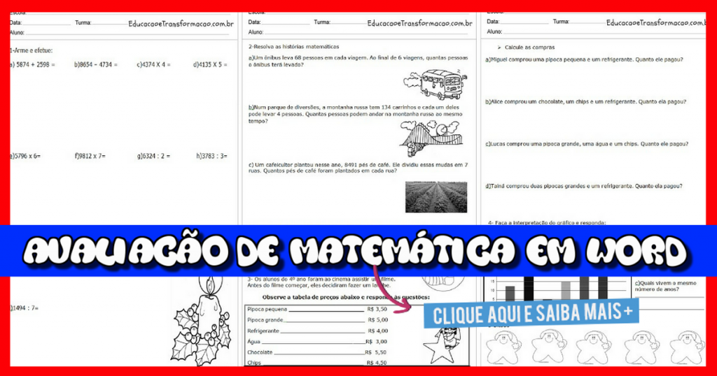 Avaliação de Matemática 4 ano - Baixe em Word - Ensino Fundamental.