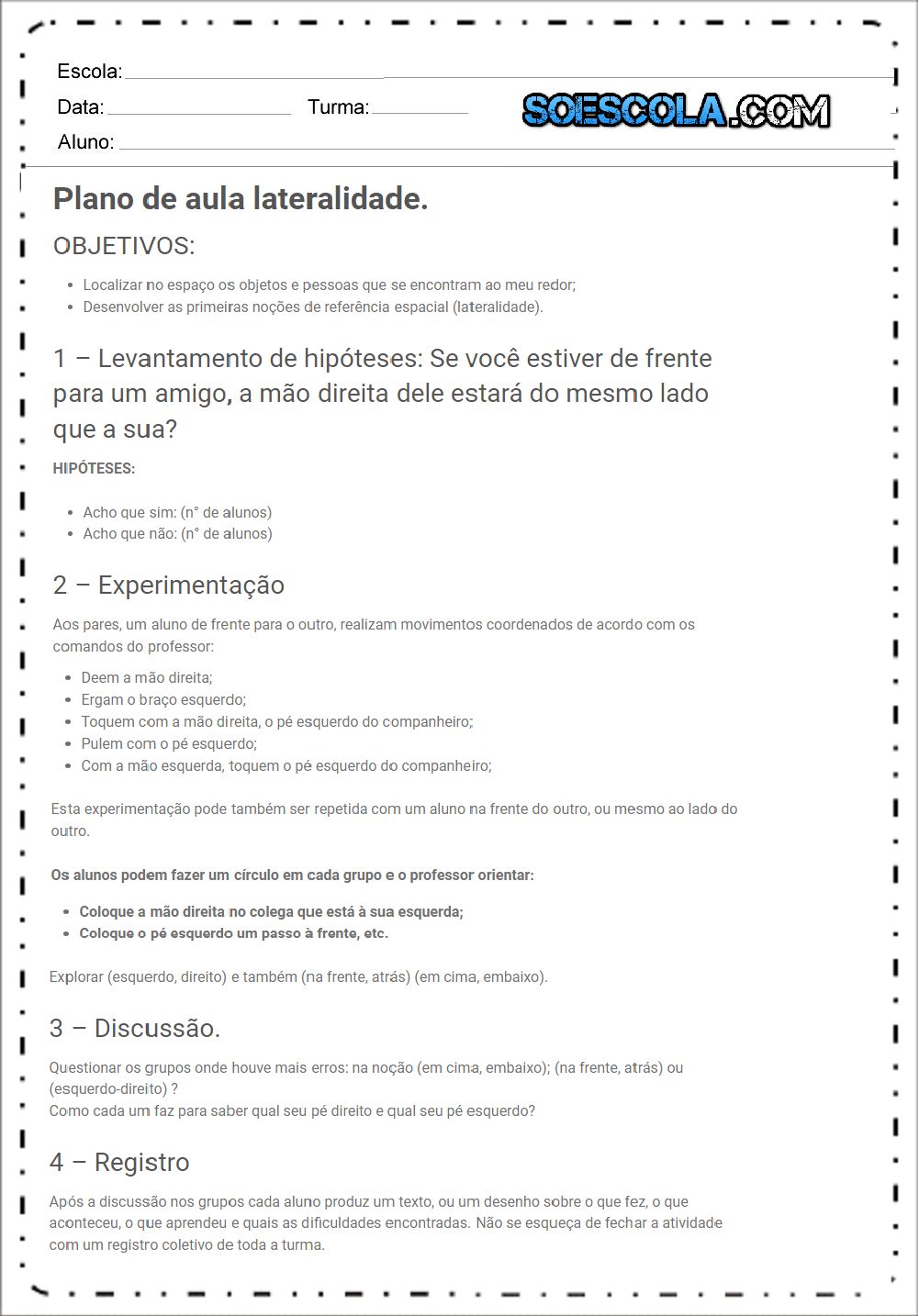 Plano de Aula Lateralidade para Educação Infantil - Dicas de Atividades.