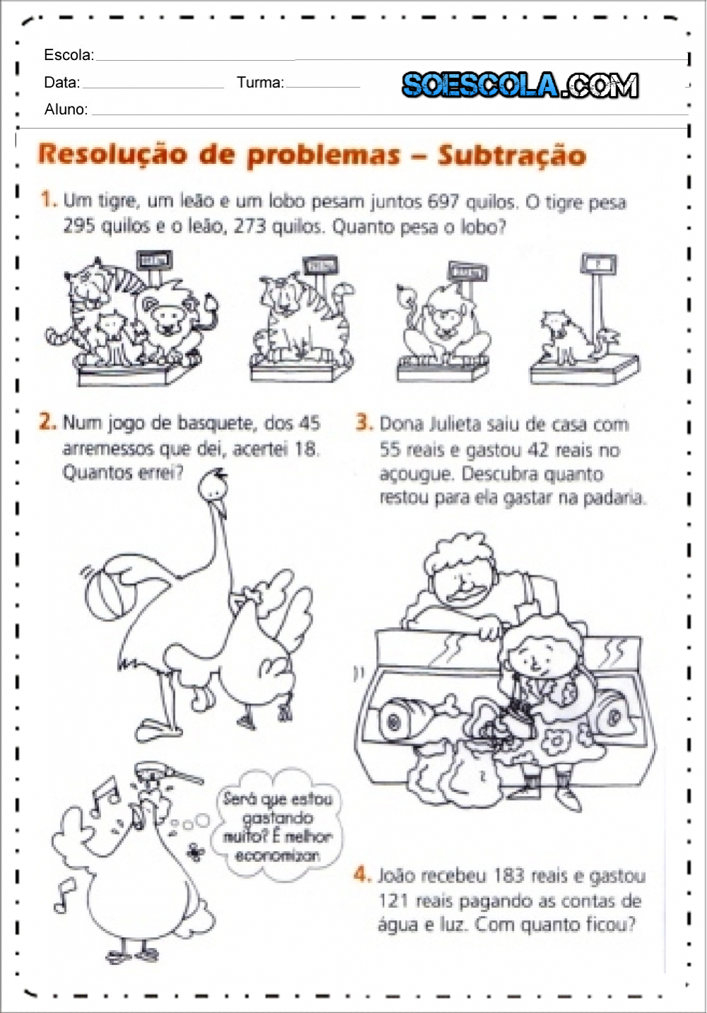 Problemas de Subtração - Para Imprimir. - SÓ ESCOLA