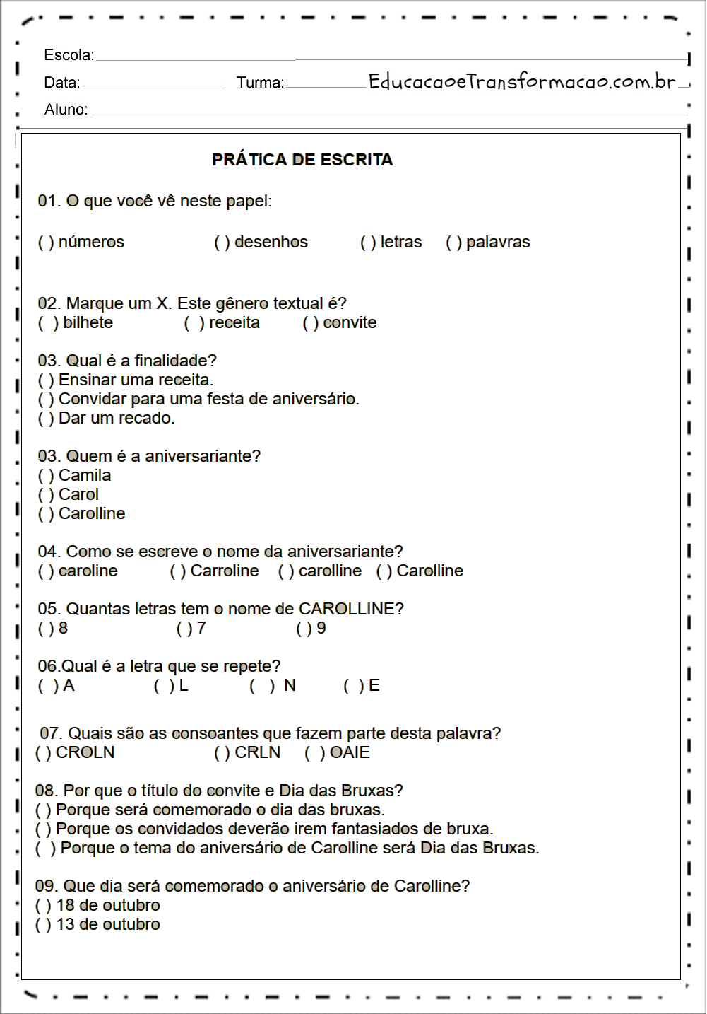 Sequência Didática Gênero Convite com Atividades para Imprimir.