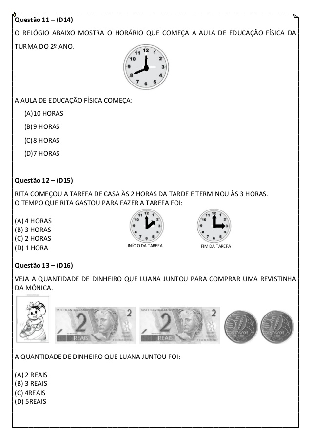 Simulado de Matemática 2 ano do Ensino Fundamental para imprimir.