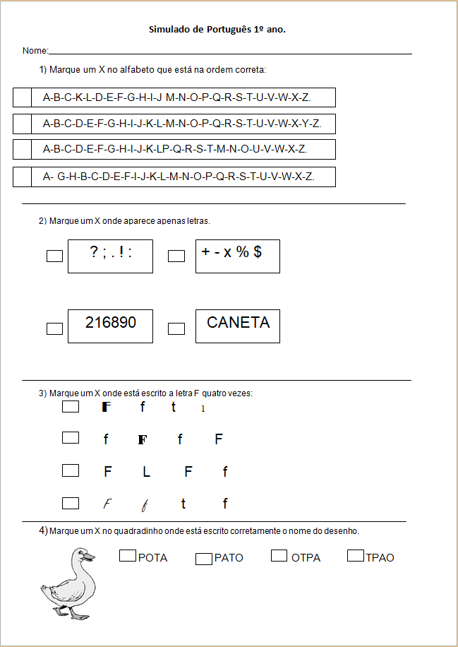 Simulado de Português 1 ano Ensino Fundamental - Diagnóstico Inicial.