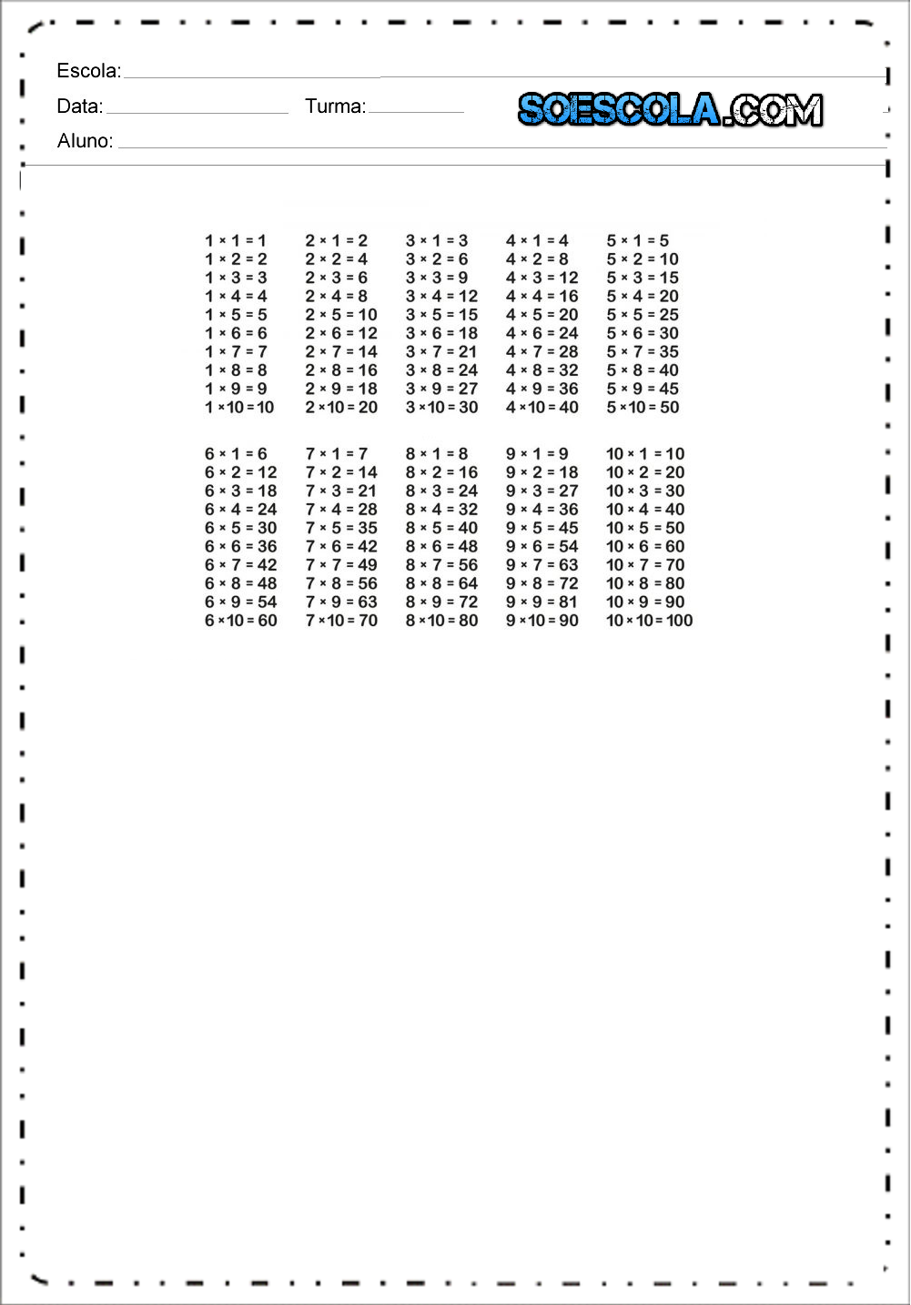 Tabuada da Multiplicação do 1 ao 10 - Tabelas ilustradas para imprimir